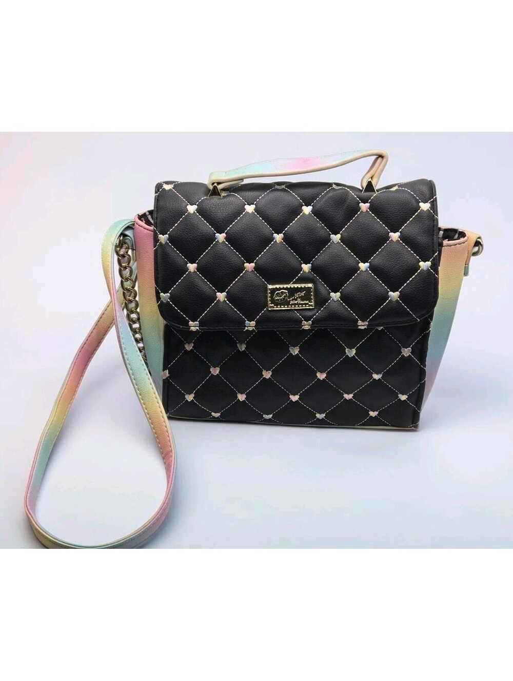 Luv Betsey Johnson Addy Crossbody Bag Black Rainbow Quilted Heart Stitch Ombre